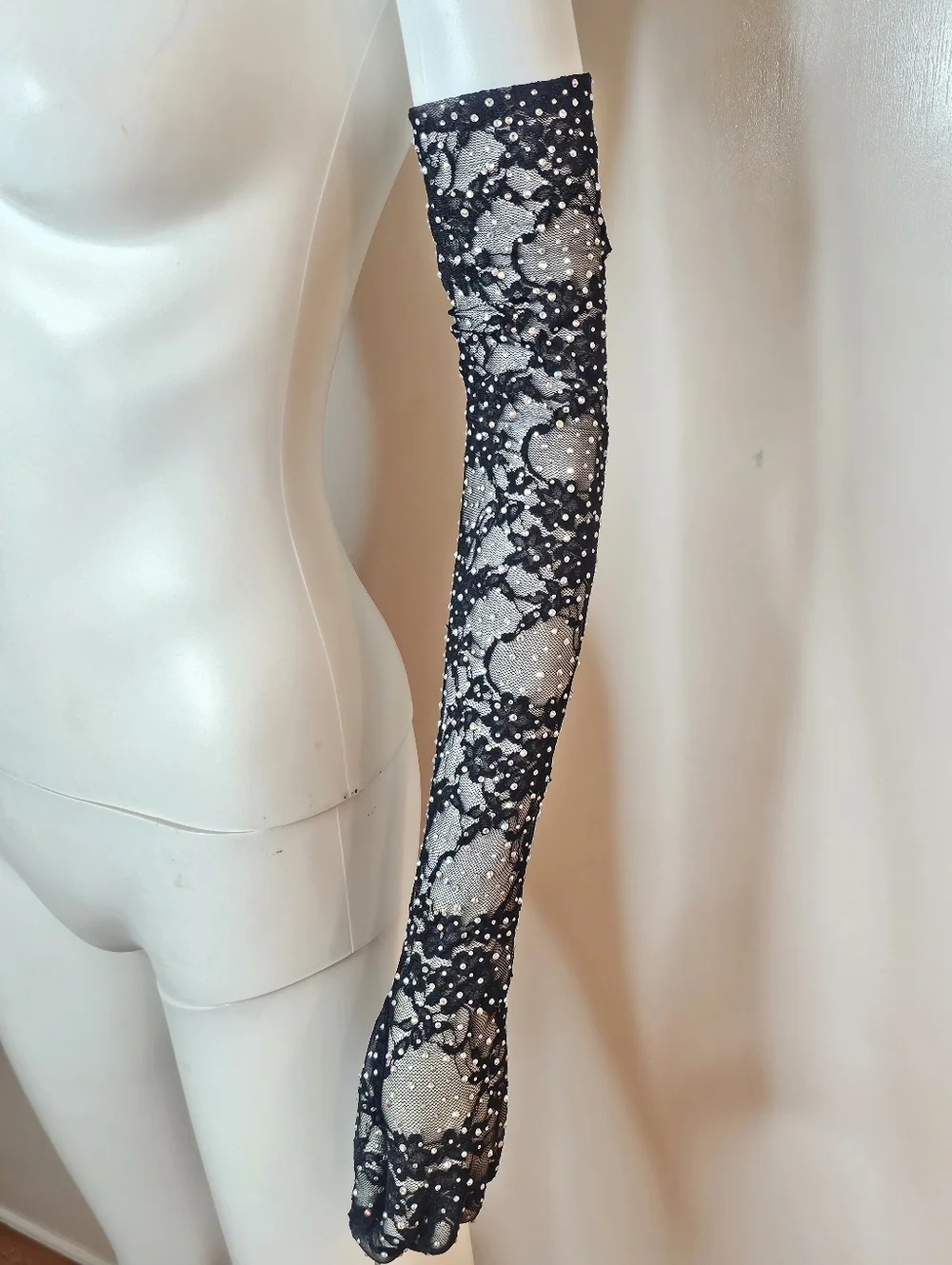 Womens Bedazzled Black Floral Sheer Lace Long Opera Gloves with Sparkle